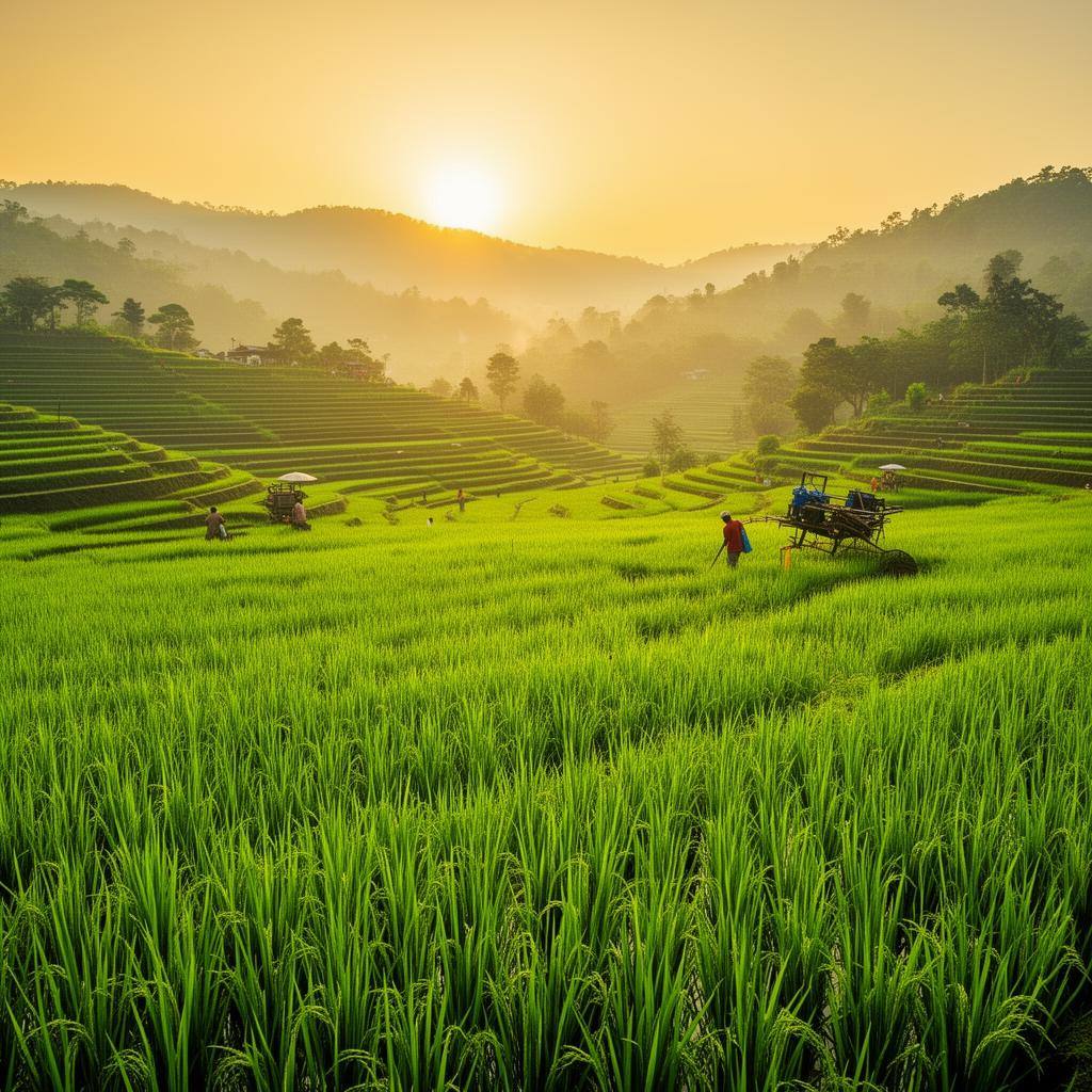 Green paddy field at sunrise